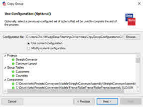 This shows the Use Configurations window when a Configuration has been selected. Details what is going to be included.