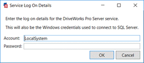 Pro Server Service Log On Details Dialog window